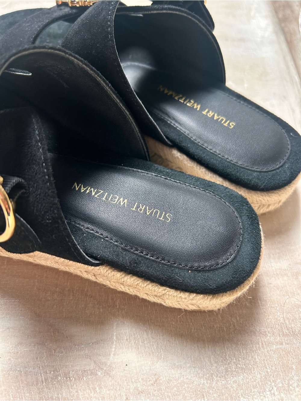 Stuart Weitzman black suede Crystal Ring espadrille flat slide sandals - Picture 4 of 8